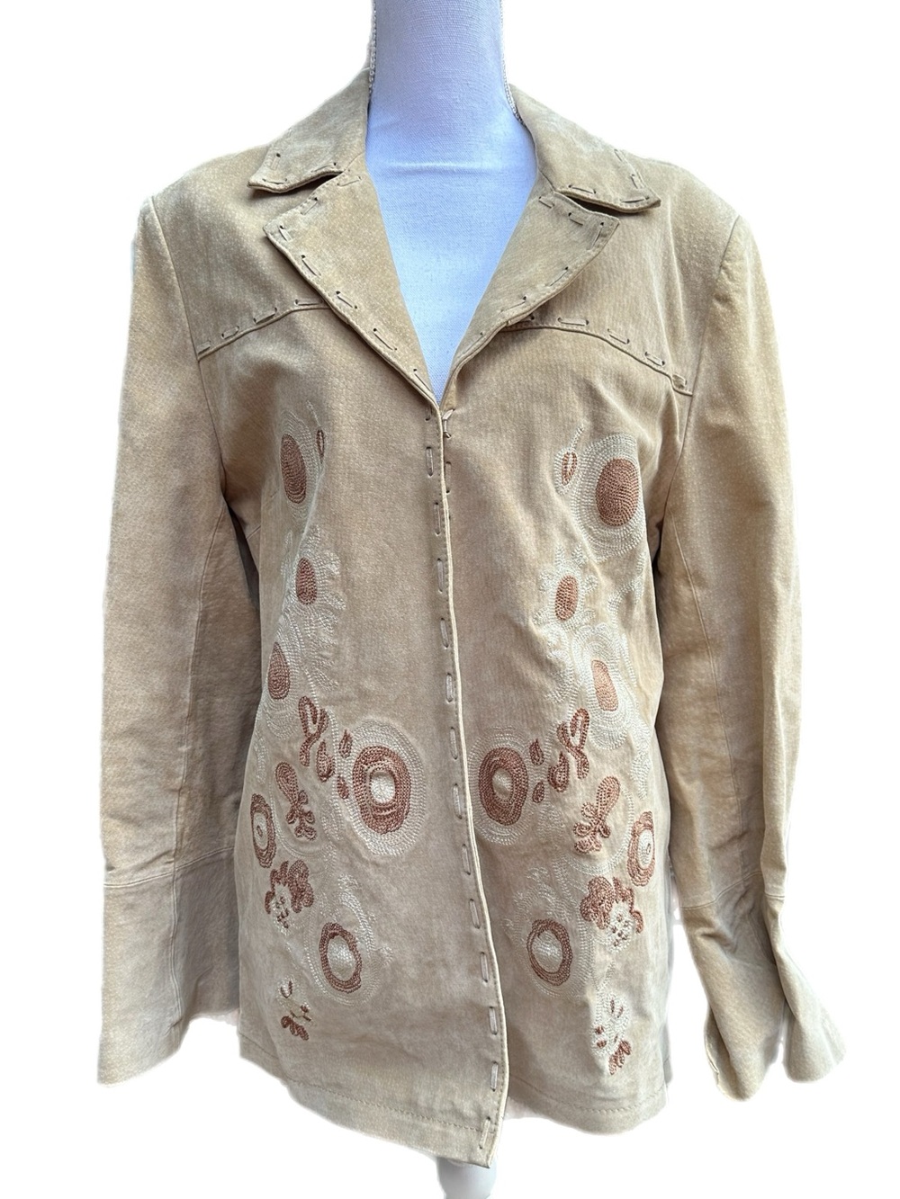 Beige Leather Embroidered Women's Jacket